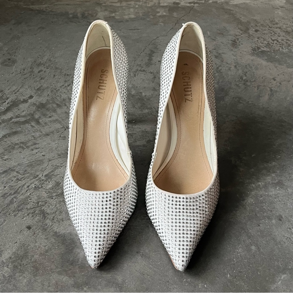 SCHUTZ White Rhinestone Heels - Lou Crystal Satin Pumps